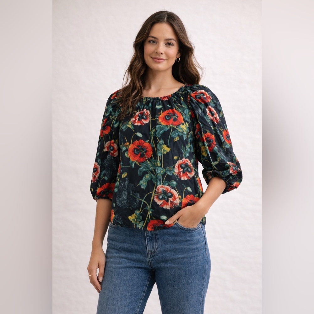 Black Red Poppy Floral Blouse Puff Sleeve Romantic Top Size 6